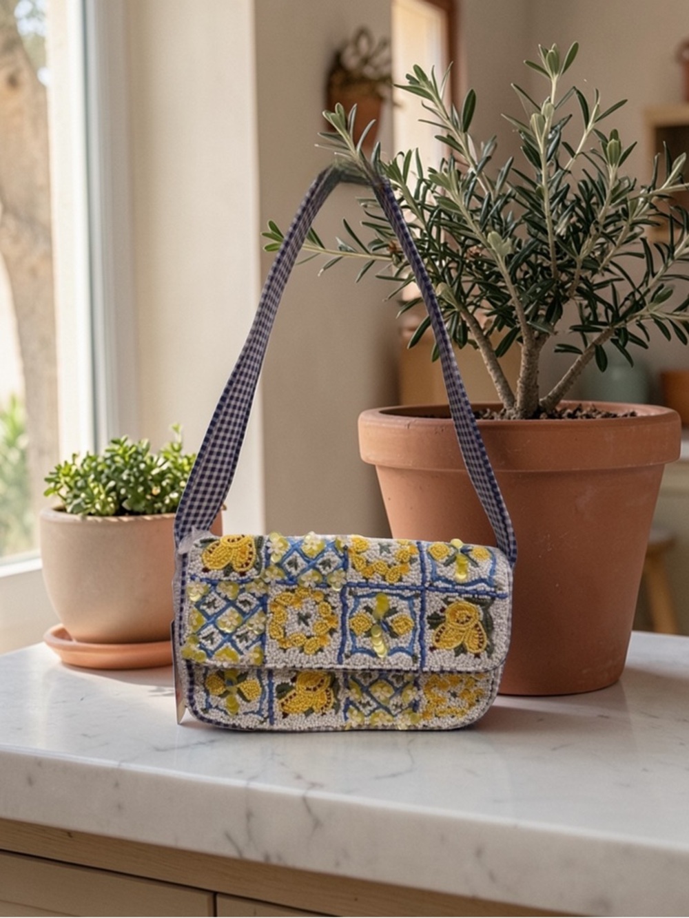 Handmade in India beaded capri lemon motif shoulder bag